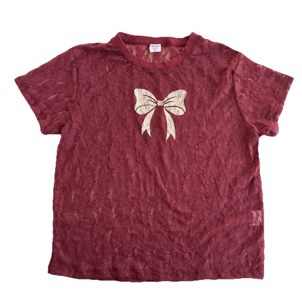 Women Top XL Junior Lace Sheer Overlay Whimsigoth Bow Graphic Y2K Romantic